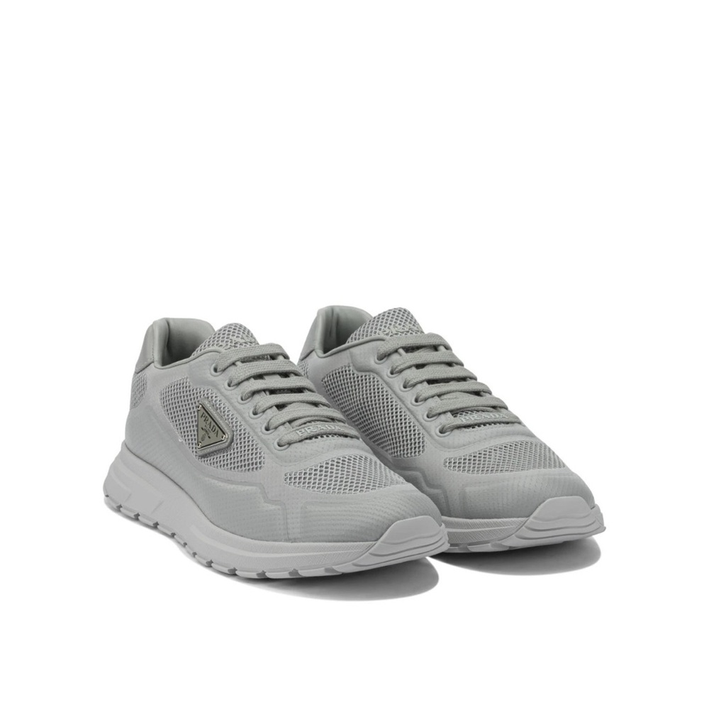 PRADA Prax 2.0 Grey Mesh Leather Plaque Logo Men’s Lace Up Sneakers 8.5UK 9.5US